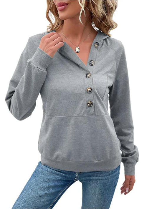 TEEK - Long-Sleeved Hooded Open Button Collar Sweater TOPS TEEK K Misty Grey S 