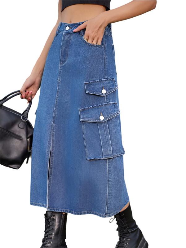 TEEK - Elastic Waist Denim Cargo Casual Midi Skirt SKIRT TEEK K Blue S 
