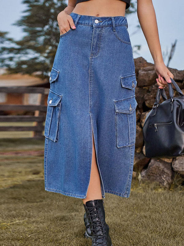 TEEK - Elastic Waist Denim Cargo Casual Midi Skirt SKIRT TEEK K   
