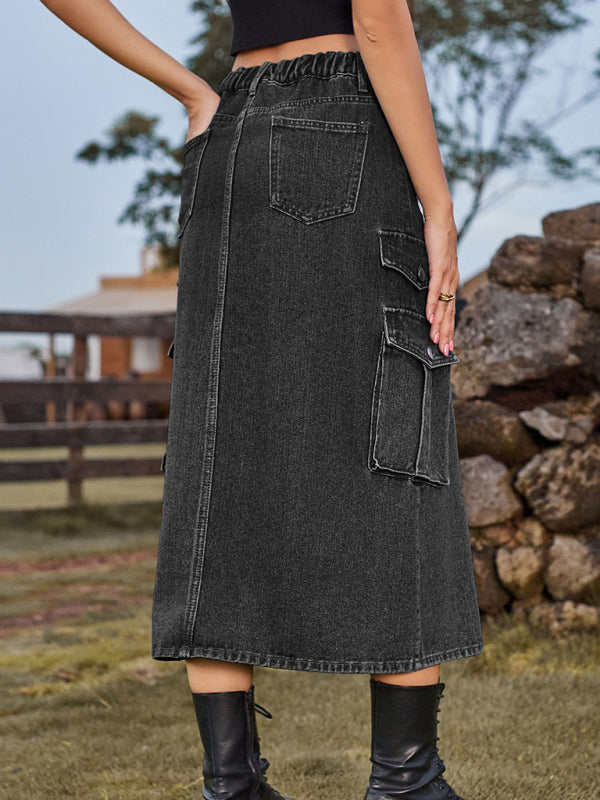 TEEK - Elastic Waist Denim Cargo Casual Midi Skirt SKIRT TEEK K   