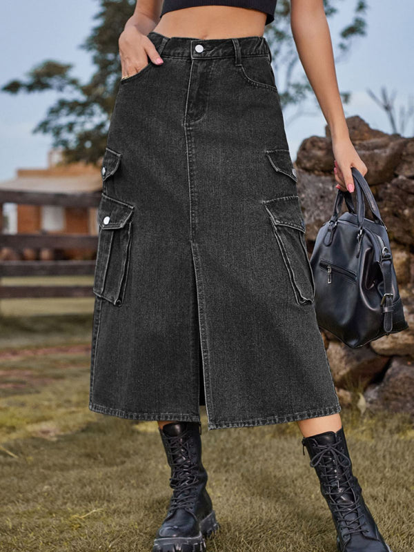 TEEK - Elastic Waist Denim Cargo Casual Midi Skirt SKIRT TEEK K Grey S 