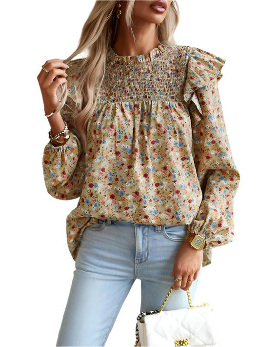 TEEK - Floral Femininity Commuter Long Sleeve Blouse TOPS TEEK K Cracker Khaki S 