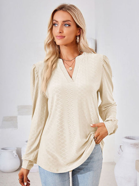 TEEK - V-Neck Jacquard Long Sleeve Loose Top TOPS TEEK K Cracker Khaki S 