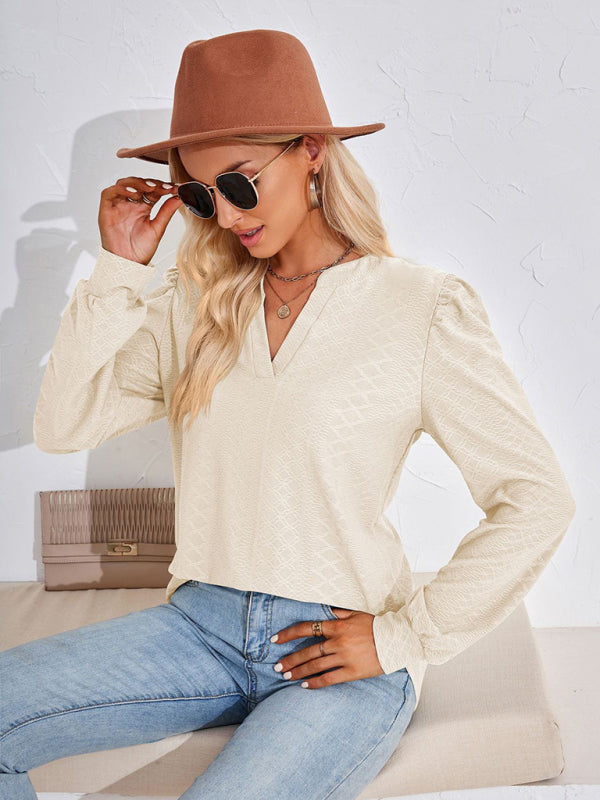 TEEK - V-Neck Jacquard Long Sleeve Loose Top TOPS TEEK K   