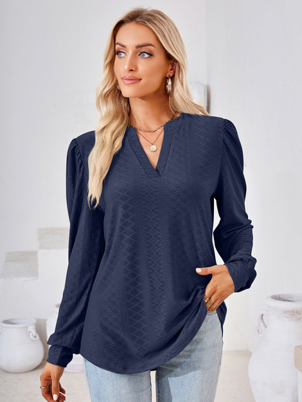 TEEK - V-Neck Jacquard Long Sleeve Loose Top TOPS TEEK K Blue S 