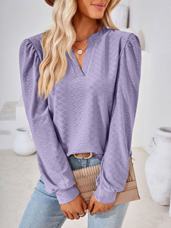 TEEK - V-Neck Jacquard Long Sleeve Loose Top TOPS TEEK K Purple S 