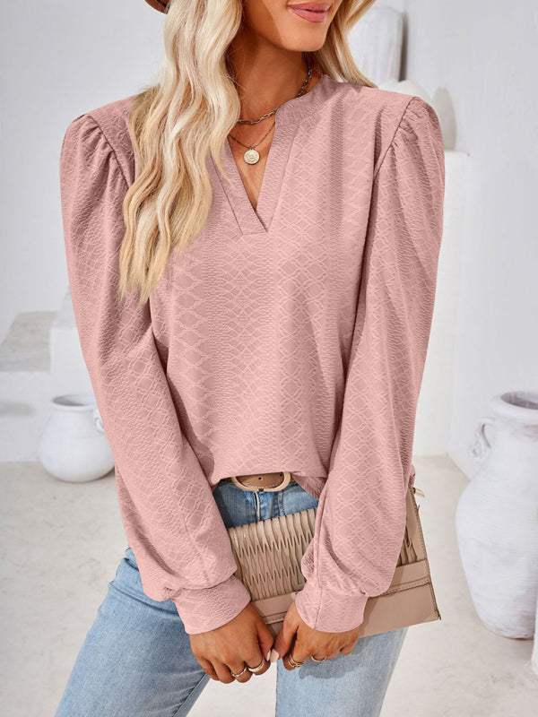 TEEK - V-Neck Jacquard Long Sleeve Loose Top TOPS TEEK K Pink S 