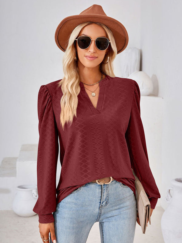 TEEK - V-Neck Jacquard Long Sleeve Loose Top TOPS TEEK K   