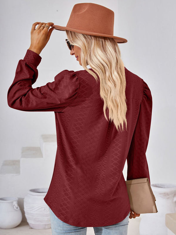 TEEK - V-Neck Jacquard Long Sleeve Loose Top TOPS TEEK K   