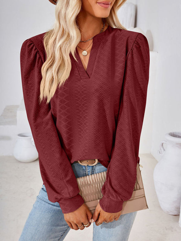 TEEK - V-Neck Jacquard Long Sleeve Loose Top TOPS TEEK K   