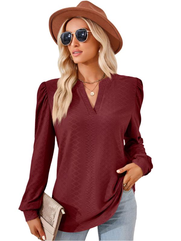 TEEK - V-Neck Jacquard Long Sleeve Loose Top TOPS TEEK K Wine Red S 