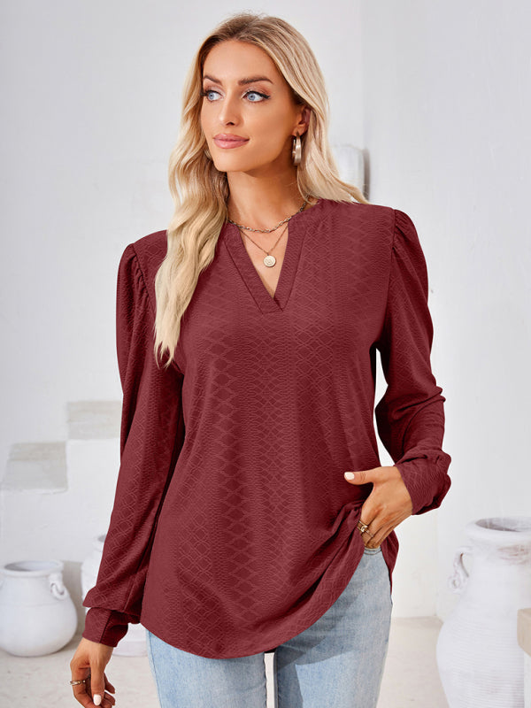 TEEK - V-Neck Jacquard Long Sleeve Loose Top TOPS TEEK K   