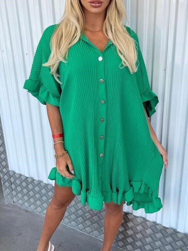 TEEK - Ruffle Sleeve Irregular Shirt Dress DRESS TEEK K Green S 