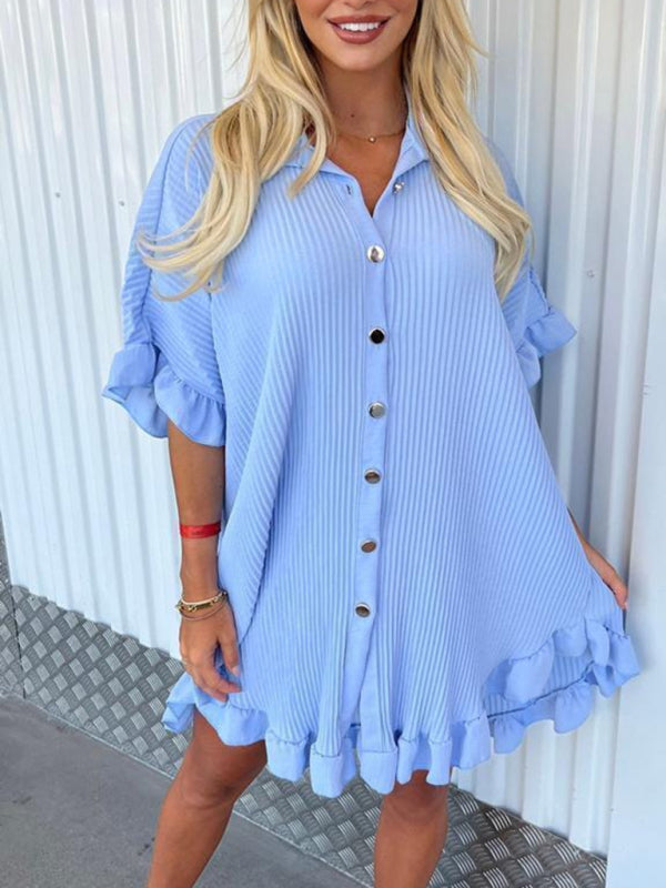 TEEK - Ruffle Sleeve Irregular Shirt Dress DRESS TEEK K Sky blue  azure S 