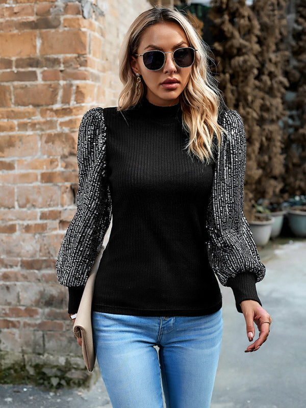 TEEK - Half Turtleneck Sequin Stitching Knit Top TOPS TEEK K   