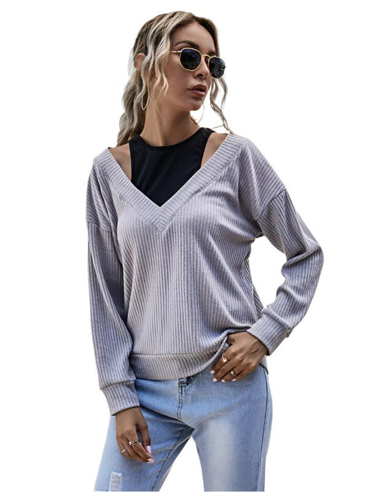 TEEK - Faux Two-Piece Stitched V-Neck Knitted Sweater TOPS TEEK K Misty Grey S 