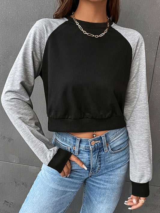 TEEK - Contrast Long Sleeve Cropped Sweatshirt TOPS TEEK K Dark Gray XS 