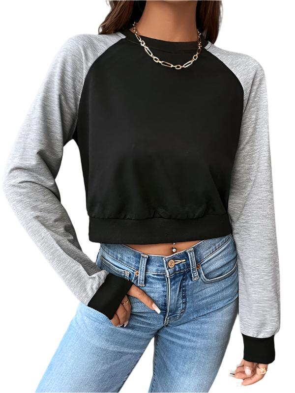 TEEK - Contrast Long Sleeve Cropped Sweatshirt TOPS TEEK K Dark Gray XS 