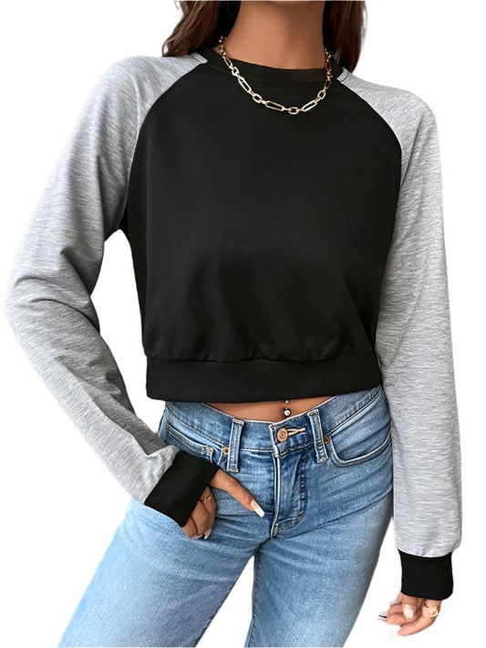 TEEK - Contrast Long Sleeve Cropped Sweatshirt TOPS TEEK K Dark Gray XS 