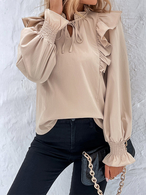 TEEK - Cracker Khaki Ruffled Tie Long Sleeve Blouse TOPS TEEK K   