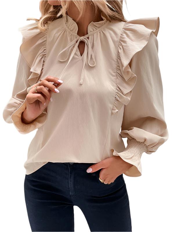 TEEK - Cracker Khaki Ruffled Tie Long Sleeve Blouse TOPS TEEK K S  