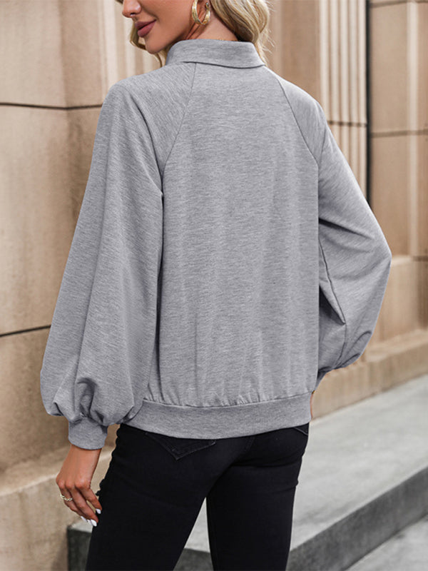 TEEK - Misty Blue Long Sleeve Lapel Sweatshirt TOPS TEEK K   