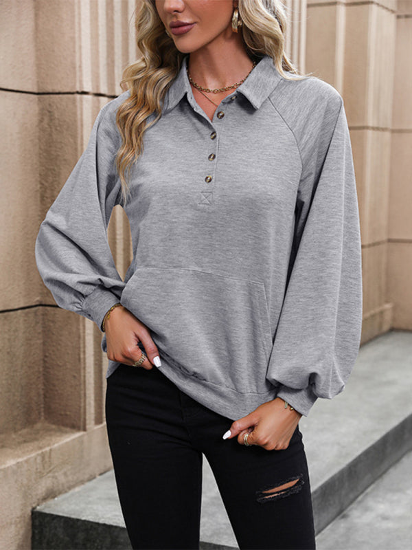TEEK - Misty Blue Long Sleeve Lapel Sweatshirt TOPS TEEK K   