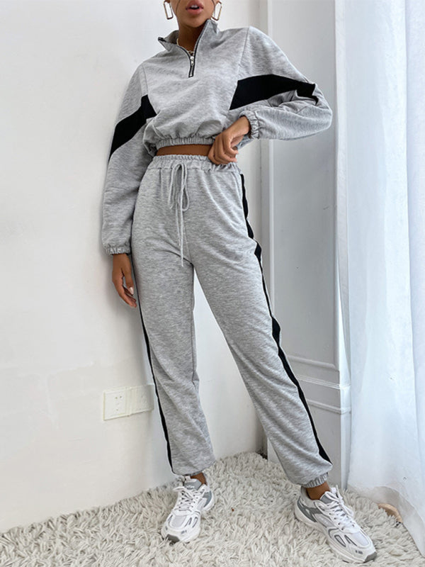 TEEK - Grey Two-Piece Color Block Crop Sweatshirt Suit SET TEEK K   