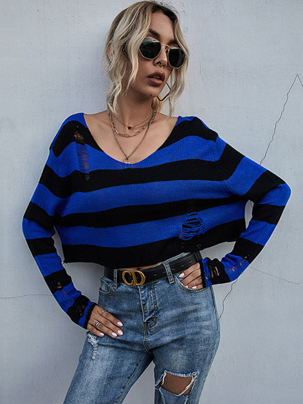 TEEK - Striped V-Neck Knitted Ripped Style Sweater TOPS TEEK K Blue S 