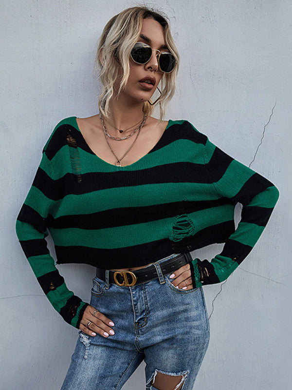 TEEK - Striped V-Neck Knitted Ripped Style Sweater TOPS TEEK K Green S 