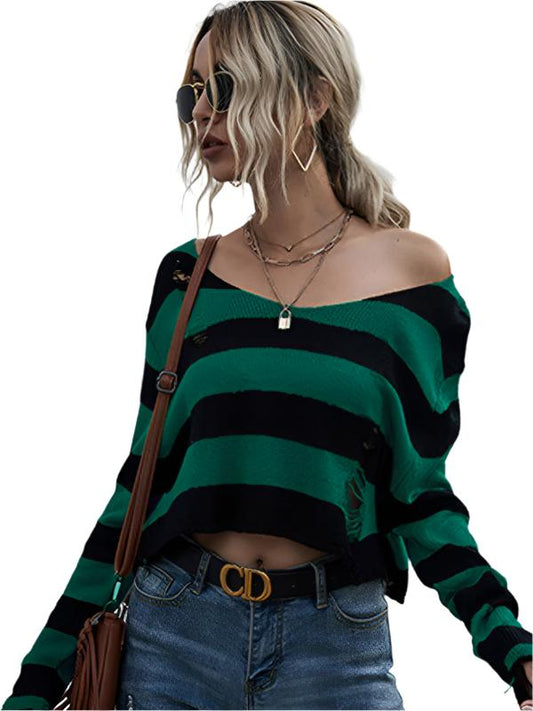 TEEK - Striped V-Neck Knitted Ripped Style Sweater TOPS TEEK K   