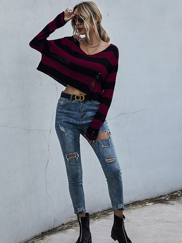 TEEK - Striped V-Neck Knitted Ripped Style Sweater TOPS TEEK K   