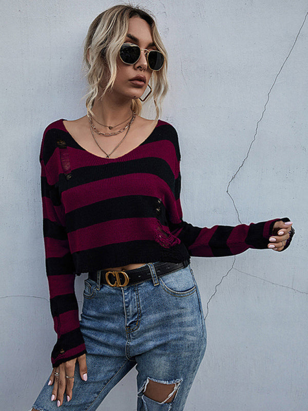TEEK - Striped V-Neck Knitted Ripped Style Sweater TOPS TEEK K Wine Red S 