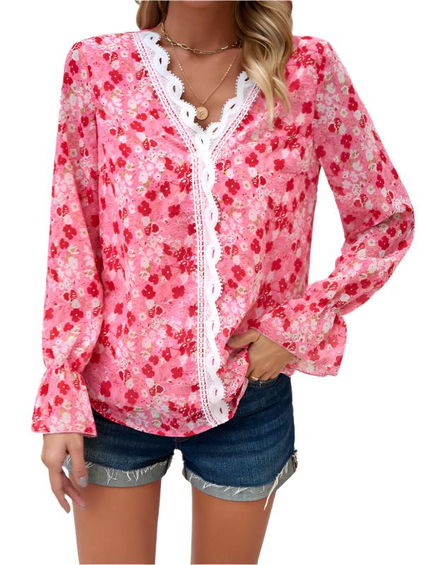 TEEK - Contrast Trim Long-Sleeved V-Neck Shirt TOPS TEEK K Red S 