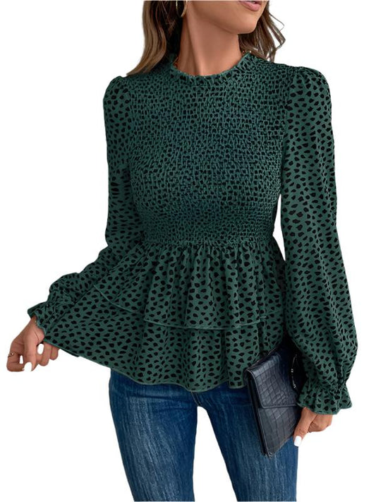 TEEK - Mid-Collar Long-Sleeved Ruffle Shirt TOPS TEEK K Green Black Jasper S 