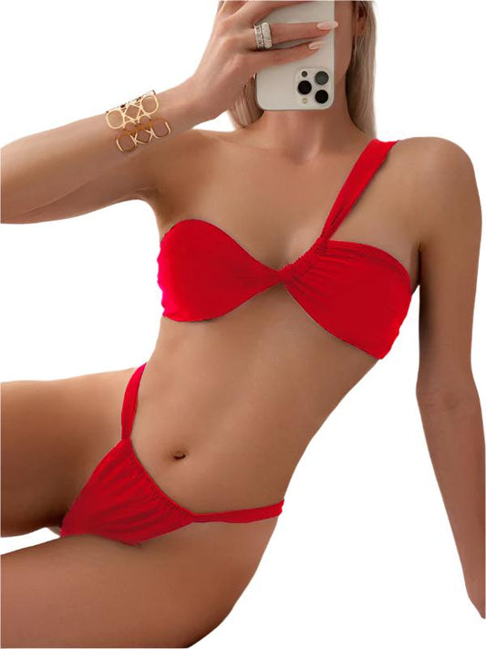 TEEK - Split One Shoulder Slant Bikini SWIMWEAR TEEK K Red S 