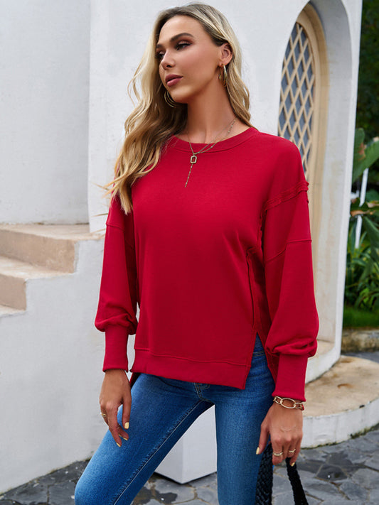 TEEK - Long-Sleeved Round Neck Solid Color Sweatshirt TOPS TEEK K Red S 