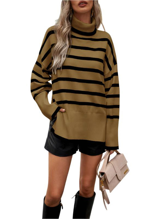 TEEK - Striped Long Sleeve Knitted Turtleneck Sweater SWEATER TEEK K Brown S 