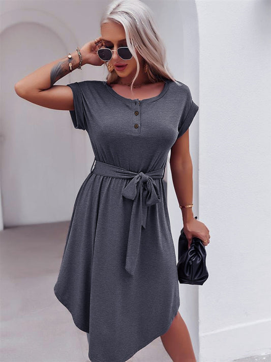 TEEK - Belted Short Sleeve Knitted Dress DRESS TEEK K Charcoal Grey S 