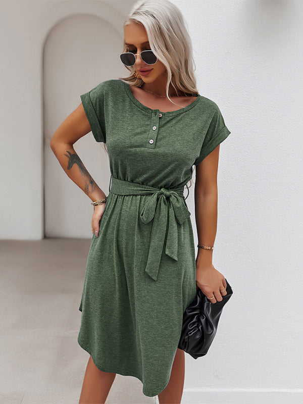 TEEK - Belted Short Sleeve Knitted Dress DRESS TEEK K Green L 