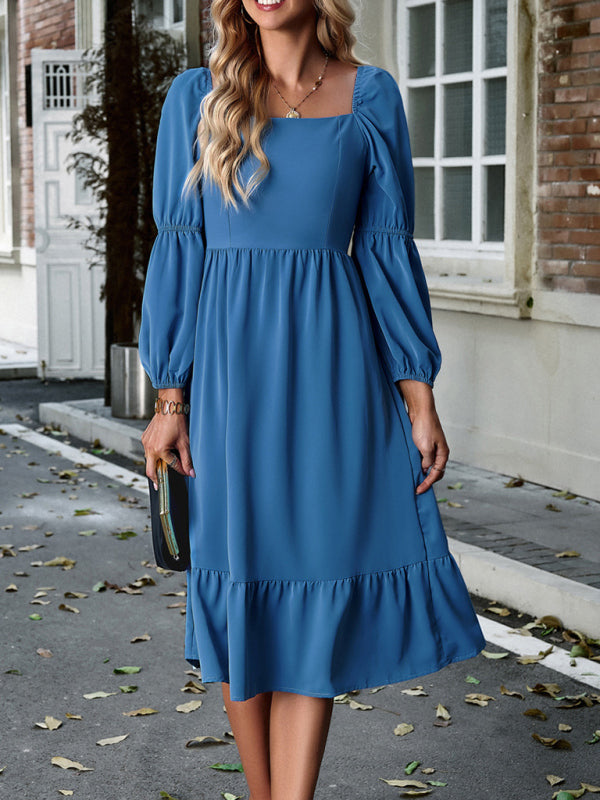 TEEK - Solid Color Square Neck Long Sleeve Dress DRESS TEEK K Blue M 