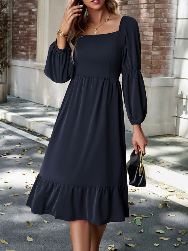 TEEK - Solid Color Square Neck Long Sleeve Dress DRESS TEEK K   