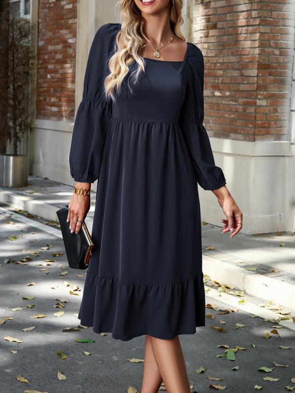 TEEK - Solid Color Square Neck Long Sleeve Dress DRESS TEEK K   