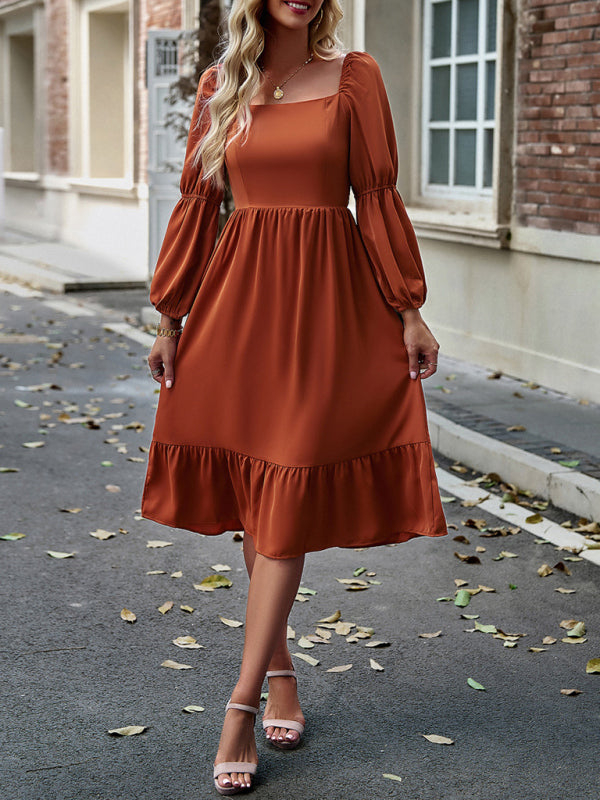 TEEK - Solid Color Square Neck Long Sleeve Dress DRESS TEEK K   