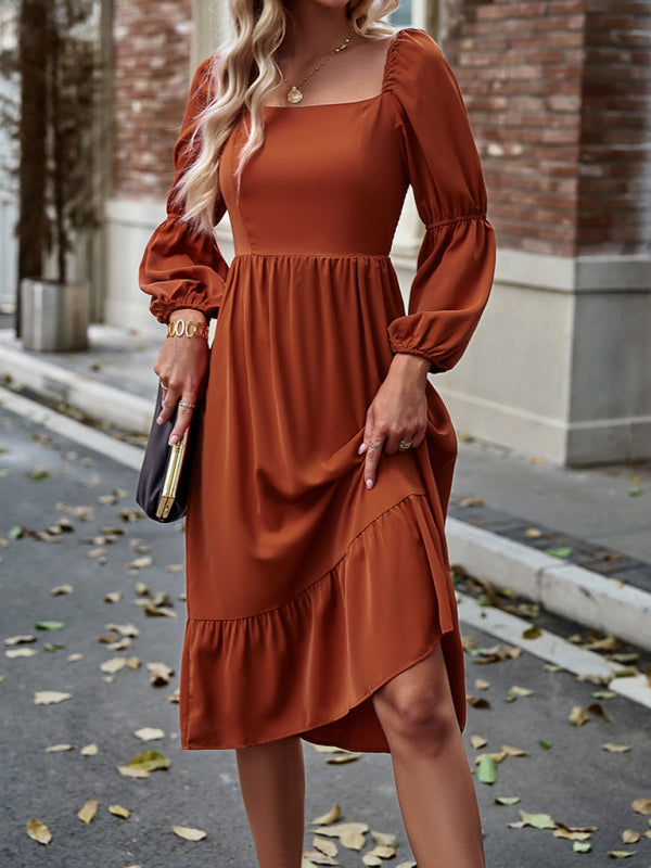 TEEK - Solid Color Square Neck Long Sleeve Dress DRESS TEEK K Orange L 