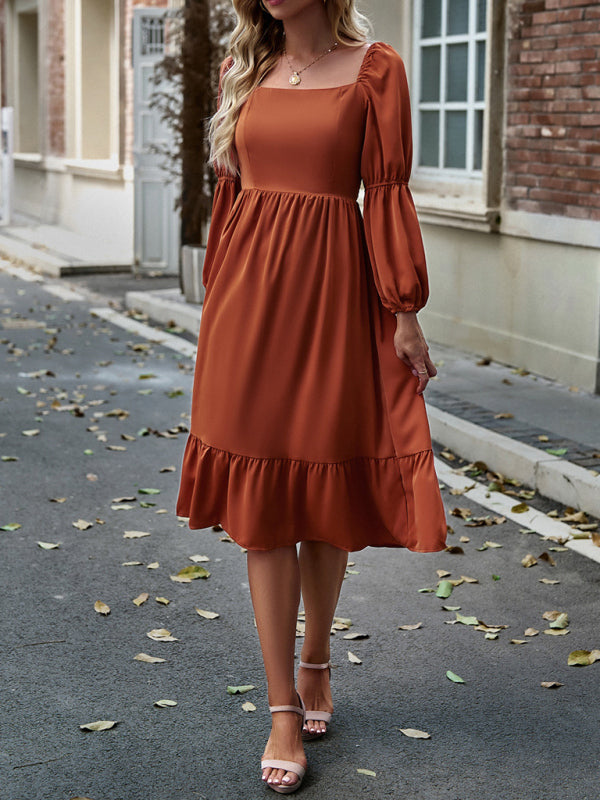 TEEK - Solid Color Square Neck Long Sleeve Dress DRESS TEEK K   
