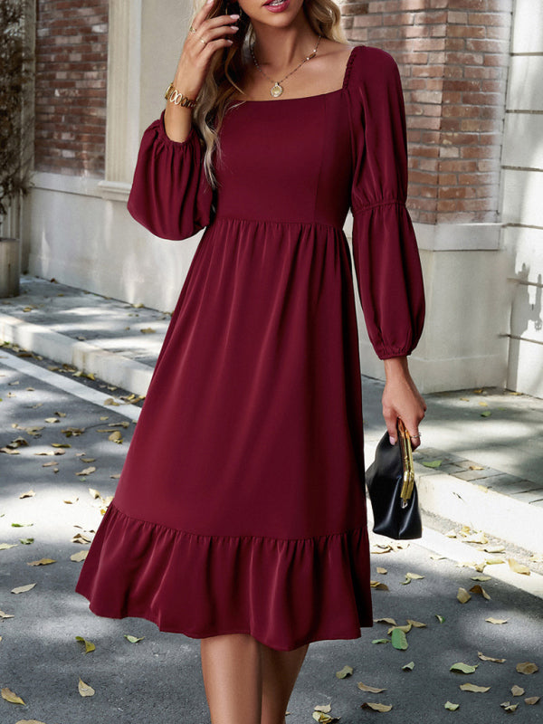 TEEK - Solid Color Square Neck Long Sleeve Dress DRESS TEEK K   