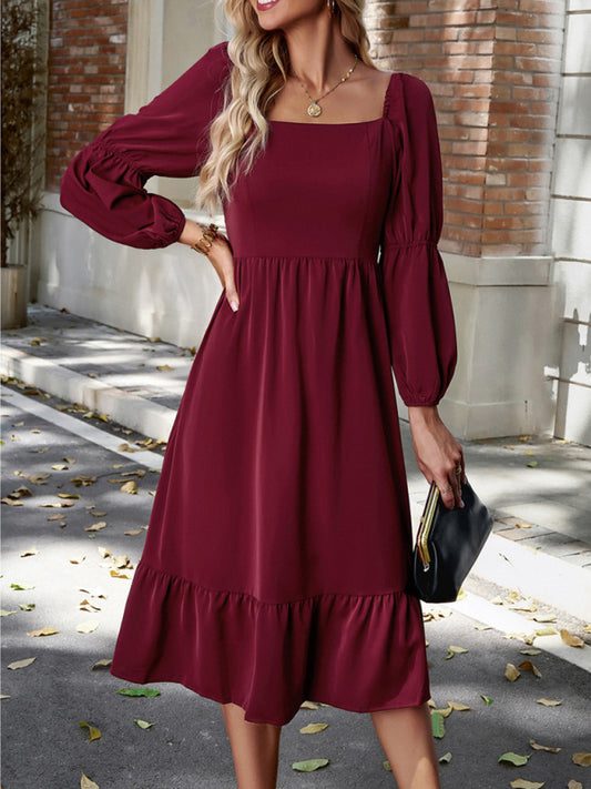 TEEK - Solid Color Square Neck Long Sleeve Dress DRESS TEEK K Wine Red S 