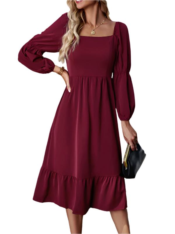 TEEK - Solid Color Square Neck Long Sleeve Dress DRESS TEEK K Wine Red L 