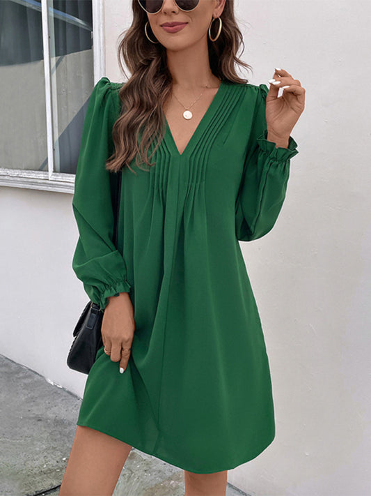 TEEK - Green V-neck Smocked Long-Sleeved Dress DRESS TEEK K S  